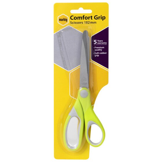 Marbig Comfort Grip Scissors 182mm blister card in yellow and purple, printed 5 Years warranty and Soft rubber grip, holding a lime and grey pair