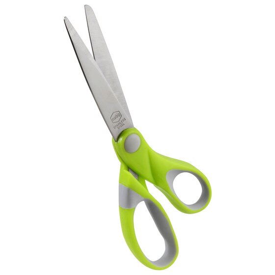ACCO photograph of one lime and grey Comfort Grip pair from the code 975431 assortment, blades open and pointing up to the left on a white background