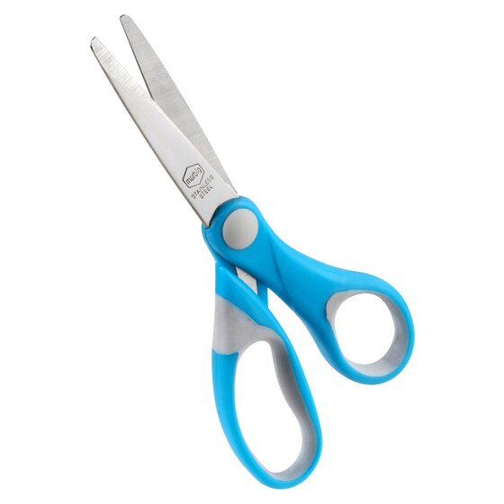 ACCO photograph of one Comfort Grip pair from the code 975470 assortment with light blue and grey handles, blades open and pointing up
