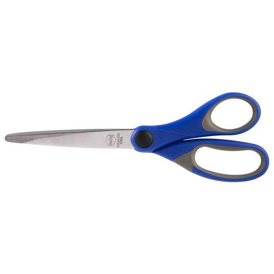 ACCO photograph of a blue and grey Comfort Grip pair lying horizontally with the blades closed and pointing left, for code 975420