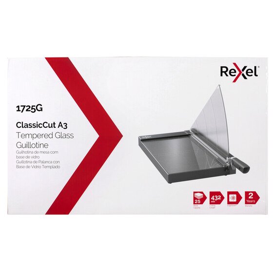 Rexel ClassicCut 1725G A3 Tempered Glass Guillotine pack showing 25 sheet, 432mm and 2 year icons