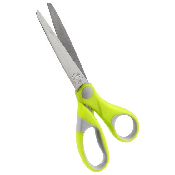 ACCO photograph of a single lime and grey Comfort Grip pair from the code 975421 assortment, blades open and pointing up to the left