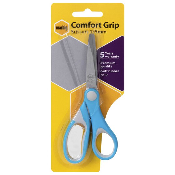 Marbig Comfort Grip Scissors 135mm on a yellow and purple blister card printed 5 Years warranty and Soft rubber grip, with a light blue pair inside