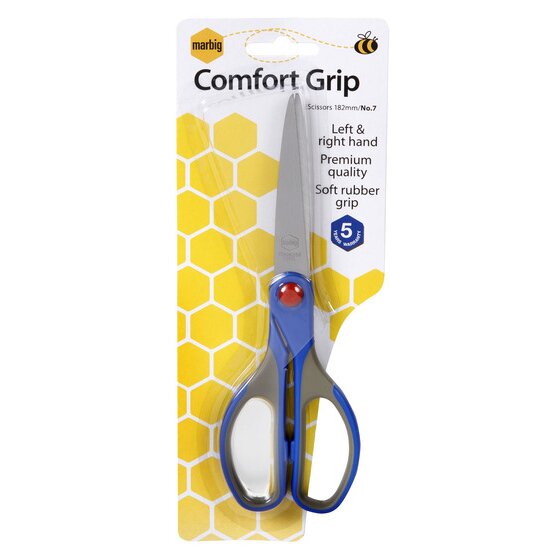 Marbig Comfort Grip card printed Scissors 182mm, Left & right hand, Soft rubber grip and a 5 Years Warranty badge, holding one blue pair with a red pivot