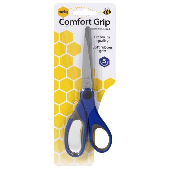 Marbig Comfort Grip Scissors 182mm on a white card with a yellow honeycomb print and a bee, reading Soft rubber grip and 5 Years Warranty, with a blue pair