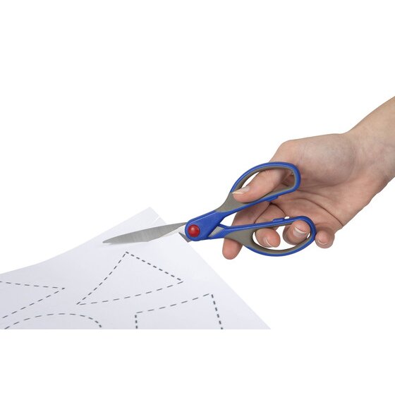 A hand cutting printed paper with a blue and grey Comfort Grip pair that has a red pivot, the ACCO in use photograph for the left and right hand code 975460