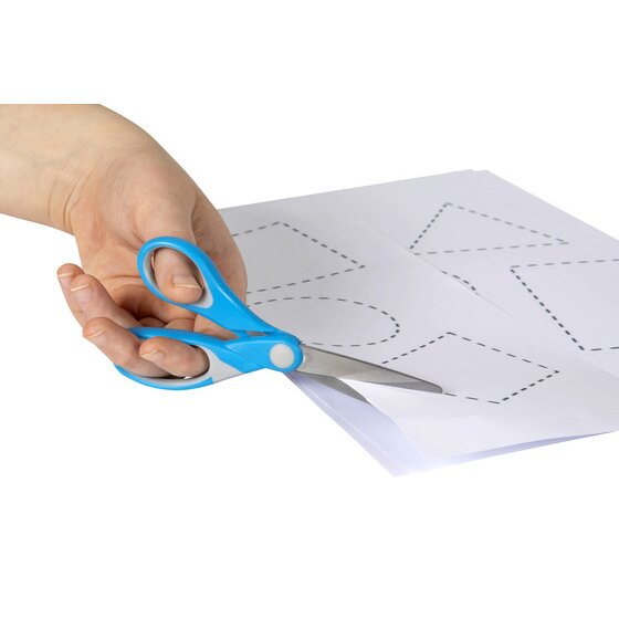A hand cutting printed paper along a dashed outline with a light blue Comfort Grip pair, the ACCO in use photograph for code 975470