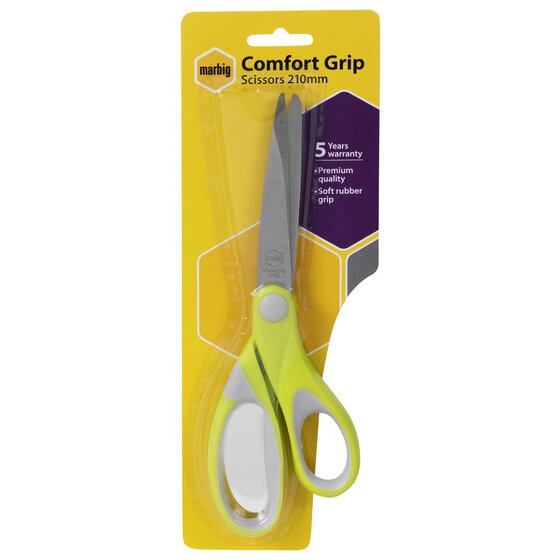 Marbig Comfort Grip Scissors 210mm on a yellow and purple blister card printed 5 Years warranty and Soft rubber grip, with a lime and grey pair inside