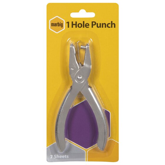 Marbig 1 Hole Punch on a yellow blistercard printed 7 Sheets, with the silver plier punch inside