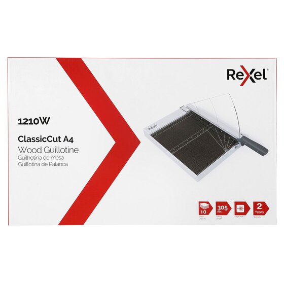Rexel ClassicCut 1210W A4 Wood Guillotine pack showing 10 sheet, 305mm and 2 year icons