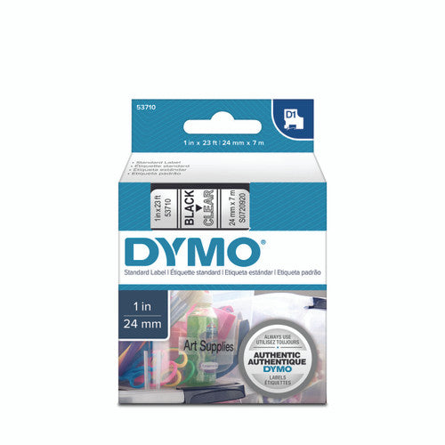 Dymo D1 label tape 24mm x 7m black on clear maximum width transparent labelling for LabelManager