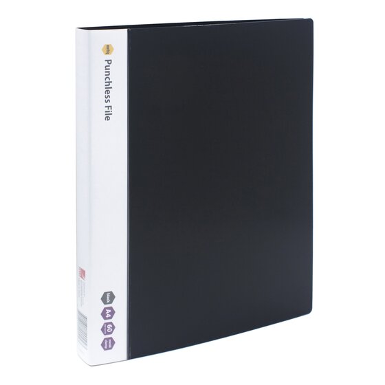 A Marbig A4 punchless file in black at an angle, its white spine strip printing Punchless File above hexagon markers reading black, A4, 60 page capacity and metal clamp