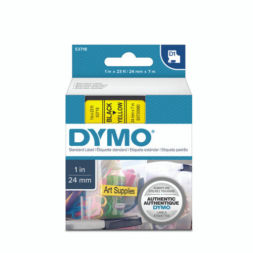 Dymo D1 label tape 24mm x 7m black on yellow maximum width safety and warning labelling for LabelManager