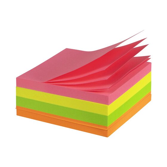 Marbig Brilliant Cube notes with the top pink sheets fanned, and layers of yellow, green and orange below
