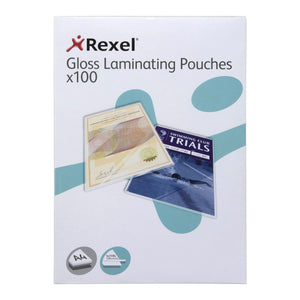 Rexel Gloss Laminating Pouches x100 A4 pack front with an A4 badge and a badge reading 2x100 (200) micron