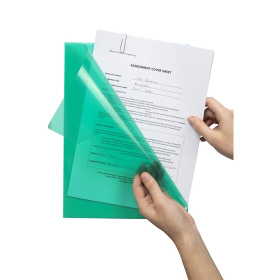 Two hands lifting a green Marbig Ultra A4 letter file away from a printed assignment cover sheet, with both open edges of the file visible