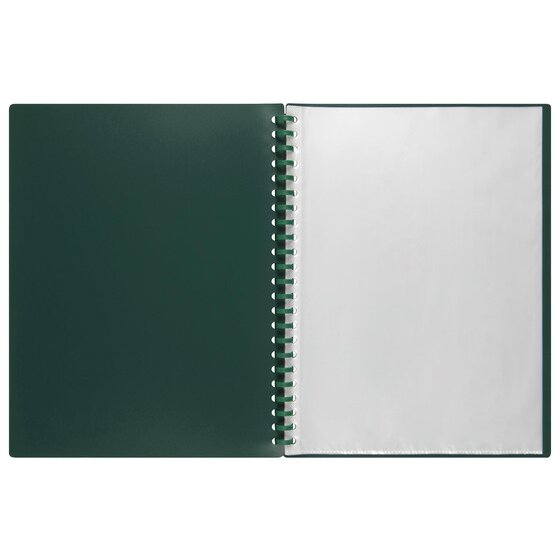 The dark green Marbig refillable display book opened flat, with the plain green inside cover on the left and clear A4 pockets on the right on a matching green spiral spine.