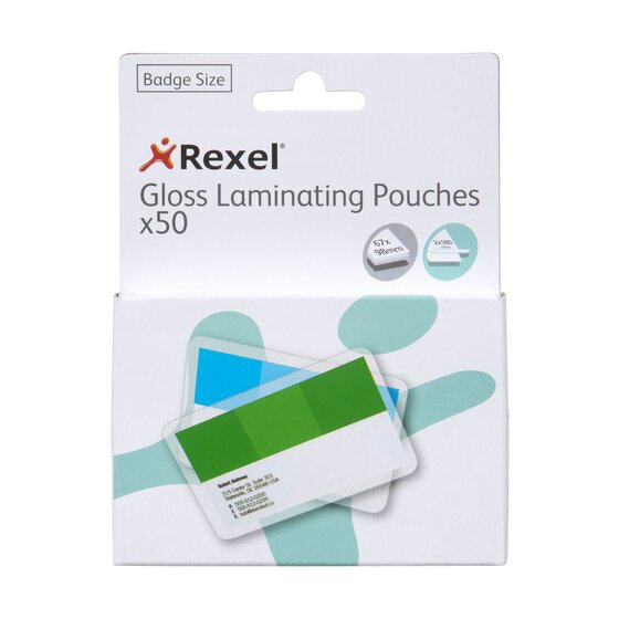 Rexel Gloss Laminating Pouches x50 retail box front, marked Badge Size, with icons reading 67 x 98mm and a pouch thickness badge, beside an illustration of two laminated green and blue cards.