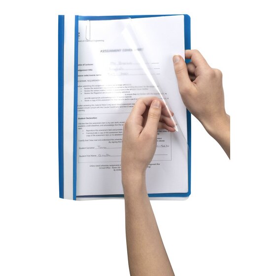 Hands lifting the clear front cover of a blue Marbig A4 economy flat file to reach a printed assignment cover sheet held inside on the fastener.