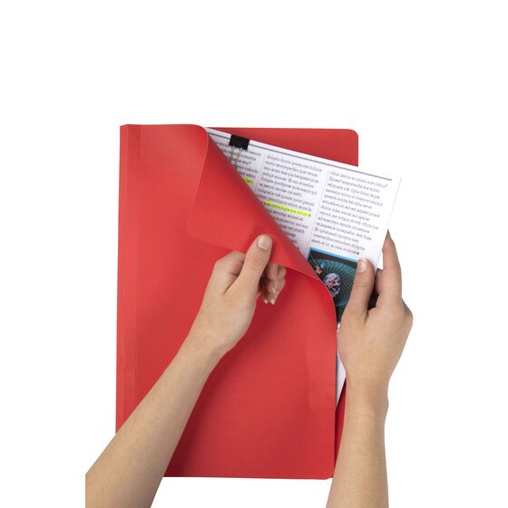 Two hands holding an open red Marbig foolscap manilla folder on white, the front cover lifted back to show a printed document inside held at the top by a small dark clip.
