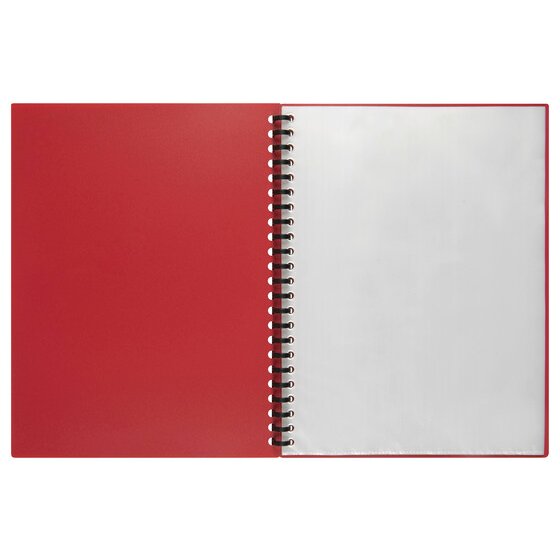 The red Marbig forty pocket display book opened flat, showing the plain red inside cover on the left and a deep stack of clear A4 pockets on the right on a black spiral spine.