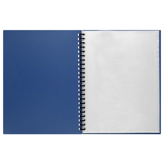 The blue Marbig forty pocket display book lying open flat, the plain blue inside cover on the left and a thick stack of clear A4 pockets on the right held by a black spiral spine.