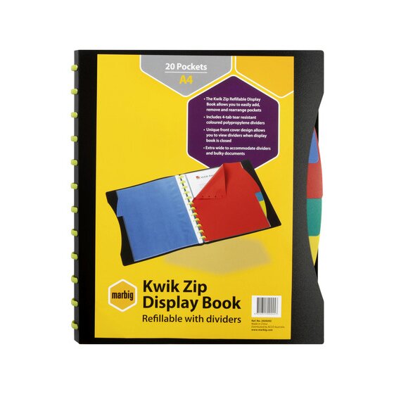 Marbig Kwik Zip Display Book 2020202 retail pack, black extra wide A4 book with lime green zip clips down the spine, yellow label reading 20 Pockets A4 and Refillable with dividers, four coloured polypropylene divider tabs fanned out at the right edge
