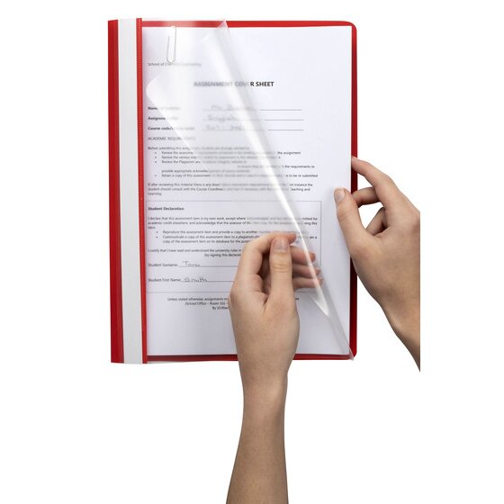 Hands lifting the clear front cover of a red Marbig A4 economy flat file to reach a printed assignment cover sheet held inside on the fastener.