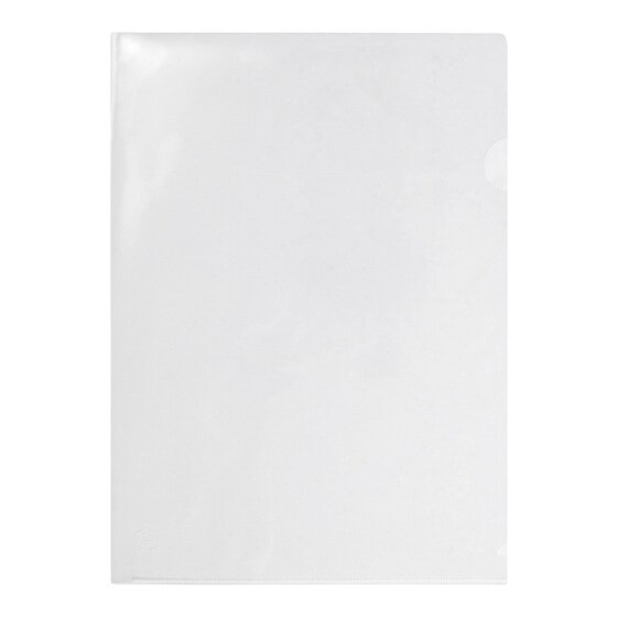 A single clear Marbig Ultra A4 letter file shown flat on white, with the rounded cut back thumb notch visible on the open long edge