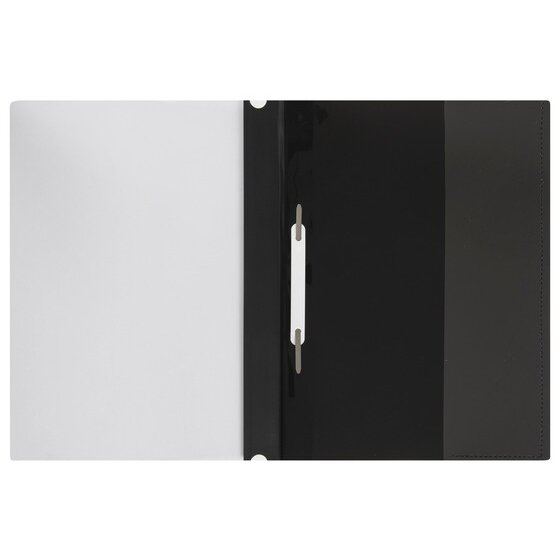 A black Marbig A4 Deluxe flat file opened flat, the plain inside front cover on the left and the two prong metal fastener with its white slide bar on the inside back cover at the right