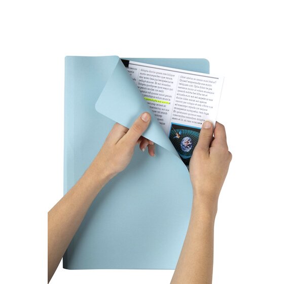 Two hands holding an open light blue Marbig foolscap manilla folder with a printed document inside, the front cover peeled back to show the plain pale blue board and the crease along the spine fold.