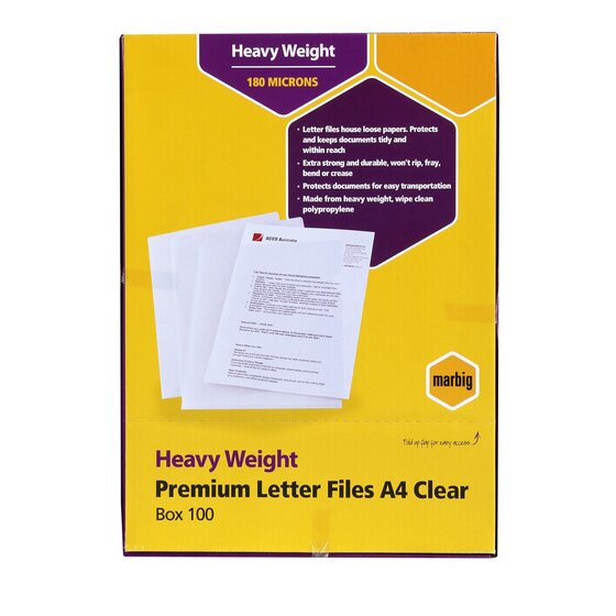 The Marbig retail carton for clear A4 letter files, printed Heavy Weight, 180 MICRONS, Heavy Weight Premium Letter Files A4 Clear and Box 100, with clear files and a document pictured on the front