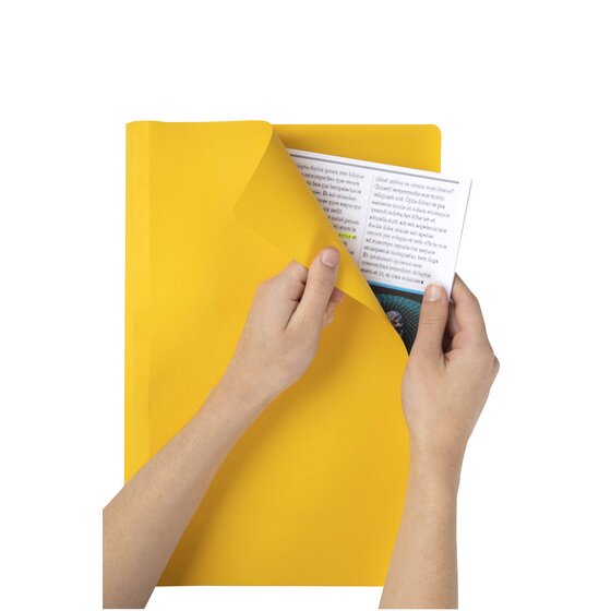Two hands holding an open yellow Marbig foolscap manilla folder on white, the front cover peeled back to reveal a printed page sitting inside the folder.