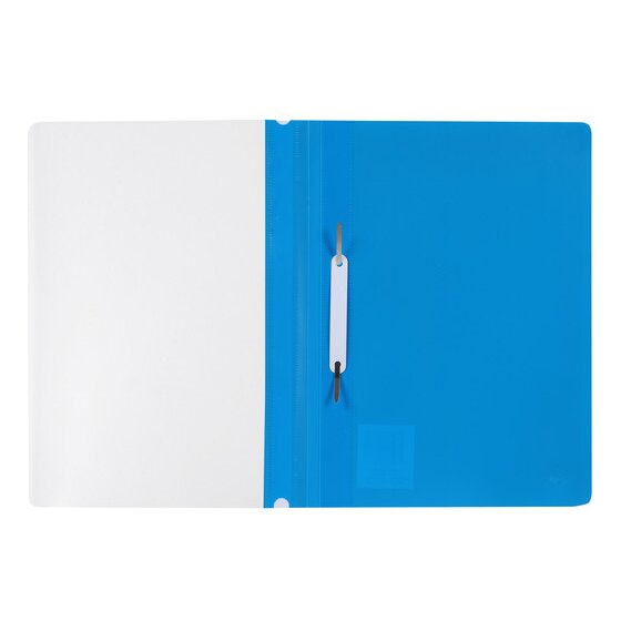 A blue Marbig A4 economy flat file opened flat, showing the two prong metal fastener and its white retaining bar fitted against the spine, with the clear front cover lying open alongside.