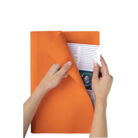 Hands opening an orange Marbig foolscap manilla folder to show a printed document held inside
