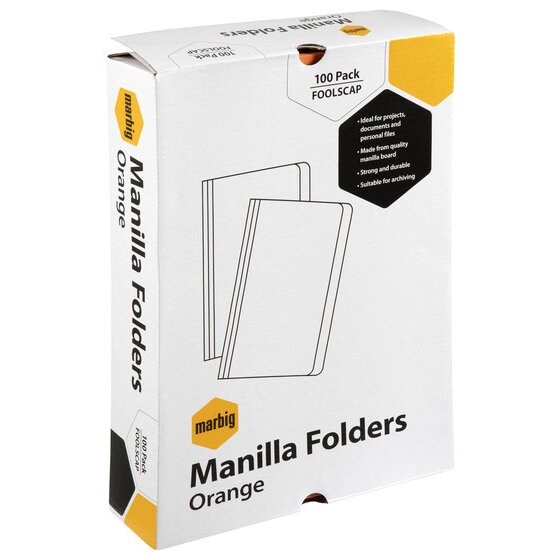 Current white Marbig carton for orange foolscap manilla folders, printed 100 Pack Foolscap with its feature lines on a black panel