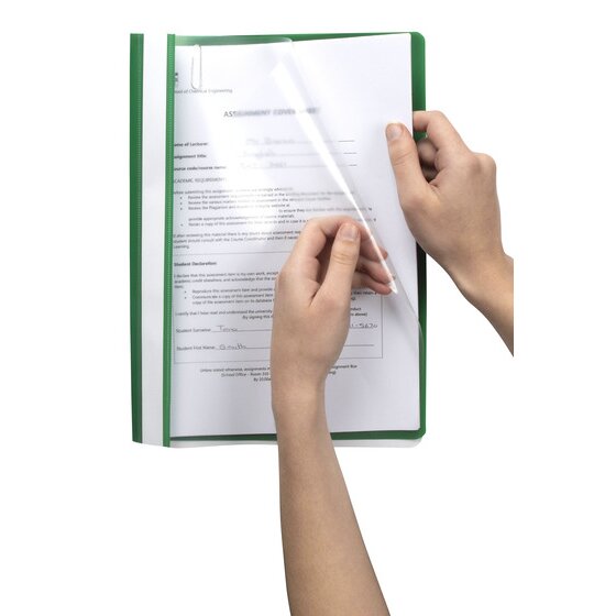Hands lifting the clear front cover of a green Marbig A4 economy flat file to reach a printed assignment cover sheet held inside on the fastener.