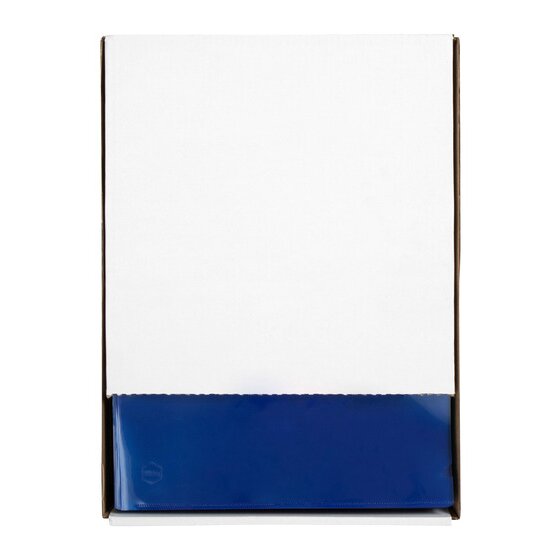 An opened Marbig carton of A4 letter files seen from above, the white paper interleaves above and a blue Ultra letter file lying across the front of the box