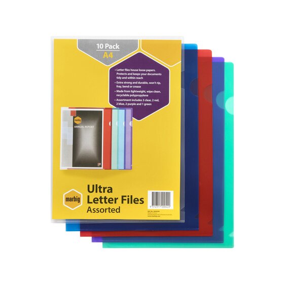 The Marbig Ultra Letter Files Assorted retail pack, printed 10 Pack A4, with a bullet stating the assortment includes 3 clear, 2 red, 2 blue, 2 purple and 1 green, and coloured files fanned behind the label