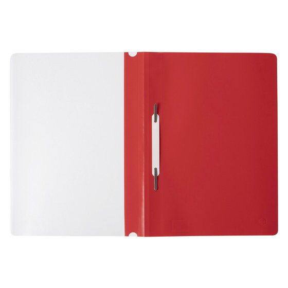 A red Marbig A4 economy flat file opened flat, showing the two prong metal fastener and its white retaining bar fitted against the spine, with the clear front cover lying open alongside.