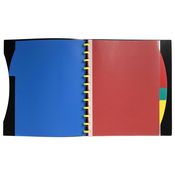Marbig Kwik Zip A4 display book 2020202 lying open on a white background, blue divider on the left inside cover, red divider under the lime green zip clips, and red, green and yellow divider tabs showing along the right edge
