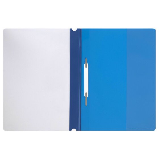 A blue Marbig A4 Deluxe flat file opened flat, showing the plain inside front cover on the left and, on the right, the two prong metal fastener with a white slide bar over it and the punched spine holes