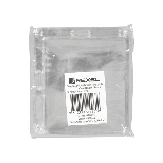 Rexel portrait landscape card pouches in a clear pack with a label reading Landscape / Portrait ID Card Holder / Pouch, Pack of 10, Ref. No. 9801712