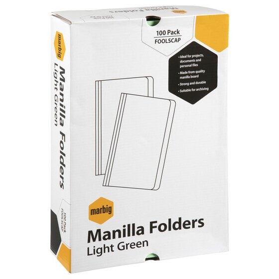 Current white Marbig retail carton for foolscap manilla folders in light green, printed 100 Pack FOOLSCAP with a line drawing of two folders and the feature lines ideal for projects documents and personal files, made from quality manilla board, strong and durable, suitable for archiving. No certification mark appears on the pack.