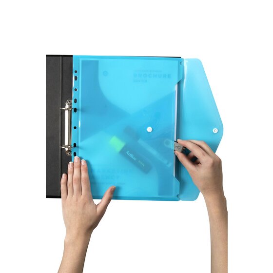 Marbig marine binder wallet clipped onto the rings of a black binder, hands opening the right side flap with a highlighter and papers inside