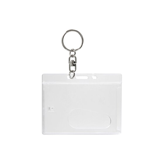 Single Rexel clear rigid card holder with a swivel chain and split key ring at the top and a thumb cut out at the bottom