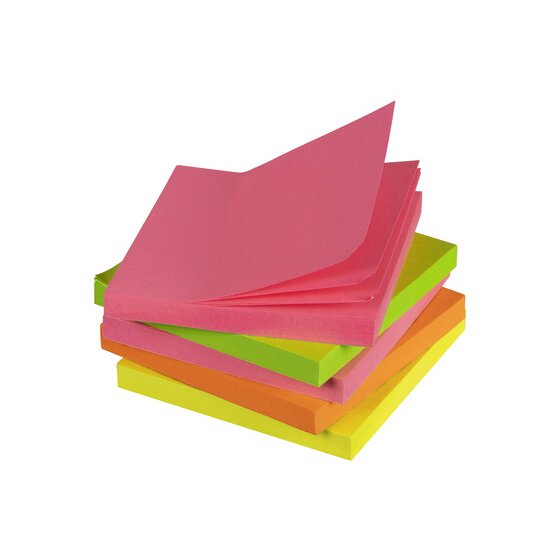 Five stacked Marbig Brilliant Notes pads in pink, green, orange and yellow, the top pink pad with its sheets fanned