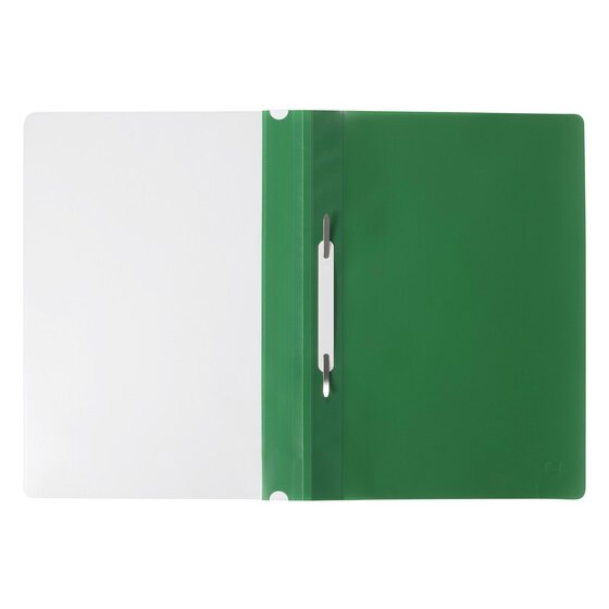 A green Marbig A4 economy flat file opened flat, showing the two prong metal fastener and its white retaining bar fitted against the spine, with the clear front cover lying open alongside.