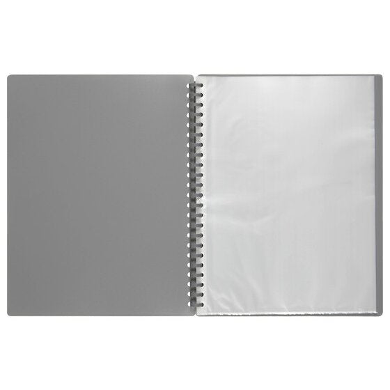 The grey Marbig refillable display book lying open flat, showing the plain grey inside front cover on the left and a stack of clear A4 pockets on the right held by the grey spiral spine.