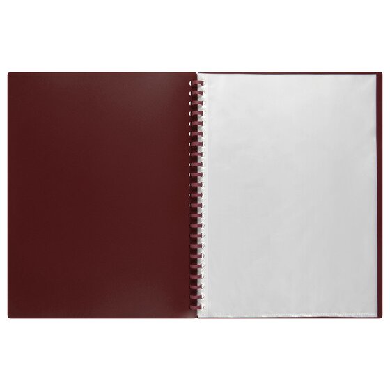 The maroon Marbig refillable display book opened flat, the plain maroon inside cover on the left and clear A4 pockets on the right carried on a matching maroon spiral spine.